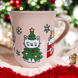 NEW Pink Happy Christmas Cats Tree Snowman & Stocking 16oz Coffee Tea Cat Mug